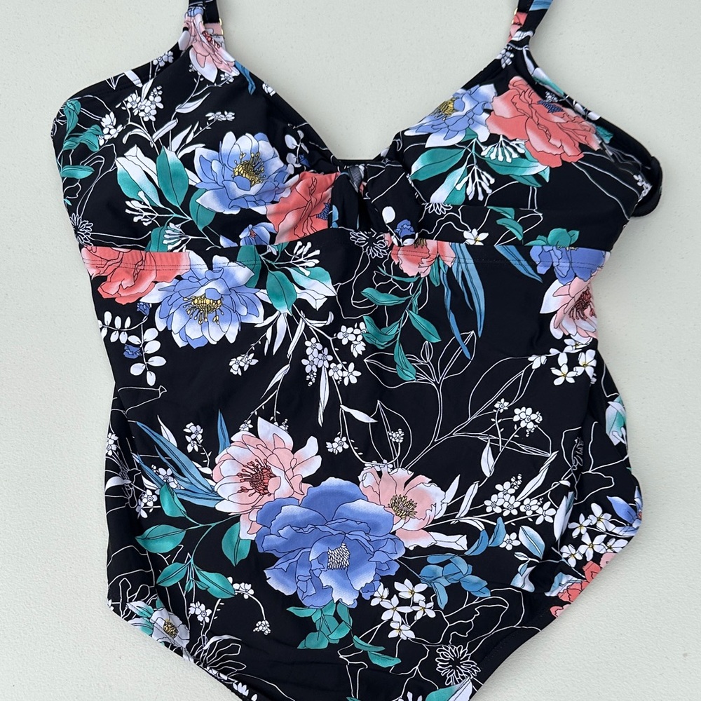 Floral One-Piece Swimsuit in Black with Multicolor Blooms
